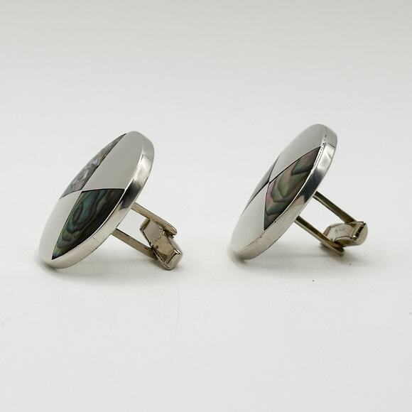 Taxco Sterling Silver Abalone Cufflinks Inlayed Mother of Pearl Round Vintage - Picture 5 of 13